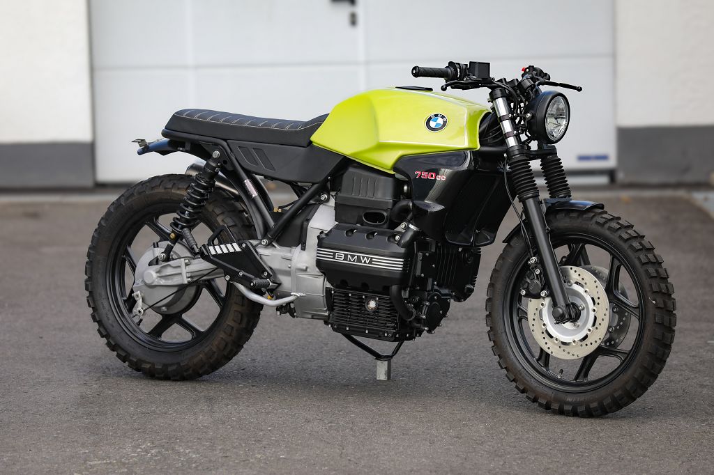BMW K75 SE Scrambler concept bike in a vibrant yellow and black design, showcasing its unique style and craftsmanship.