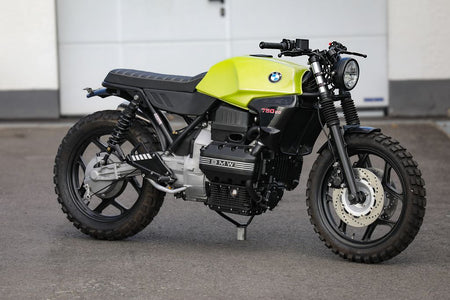 BMW K75 SE Scrambler concept bike in a vibrant yellow and black design, showcasing its unique style and craftsmanship.