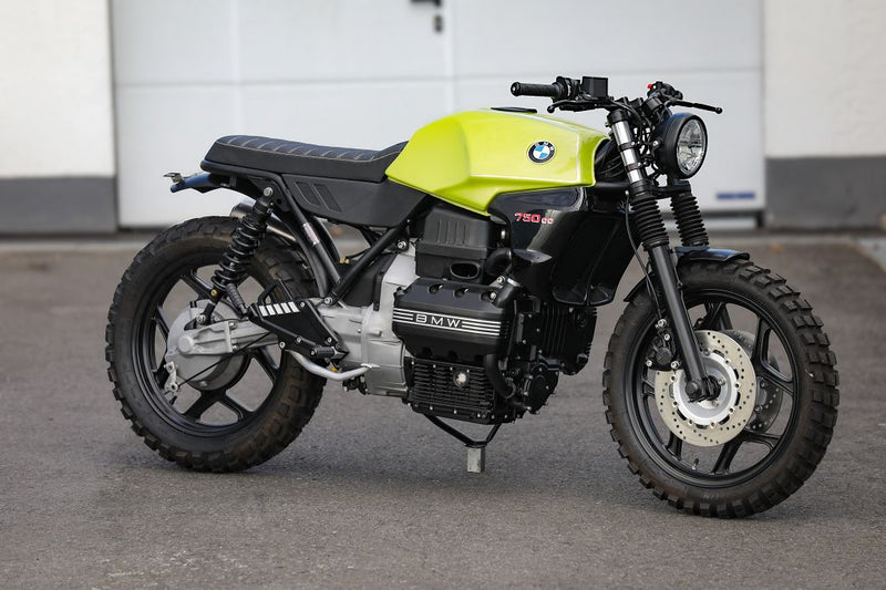 BMW K75 SE Scrambler concept bike in a vibrant yellow and black design, showcasing its unique style and craftsmanship.