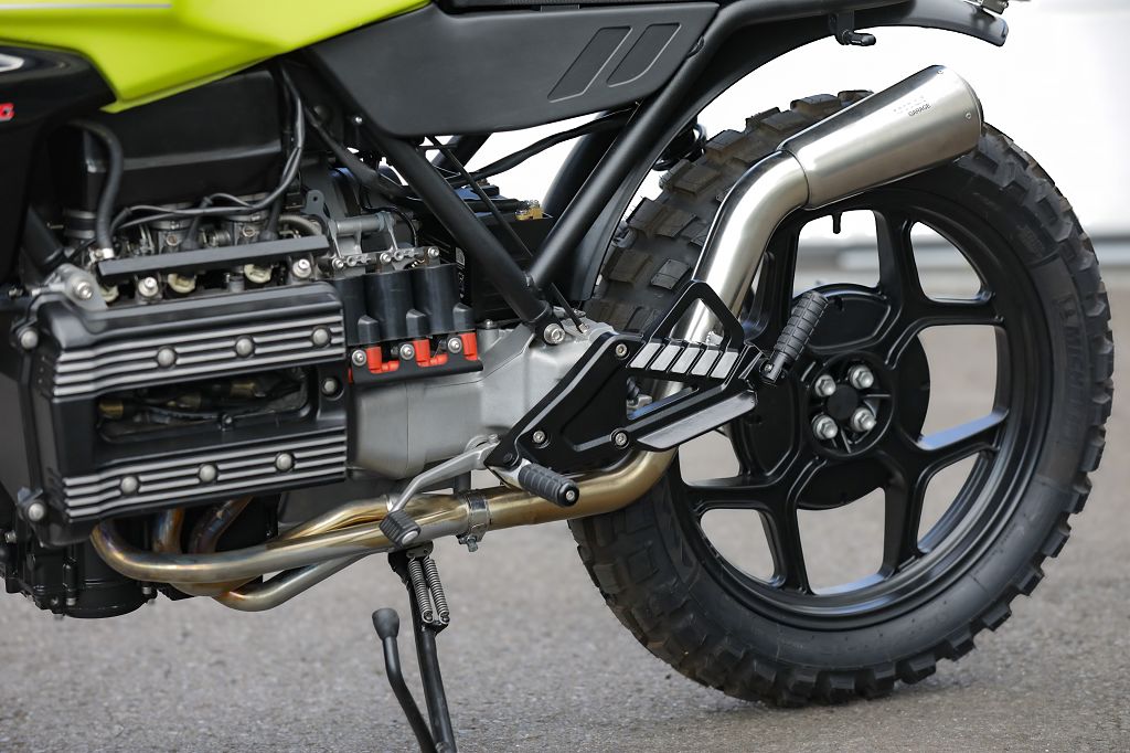 Detail view of the engine and rear wheel of the BMW K75 SE Scrambler concept bike