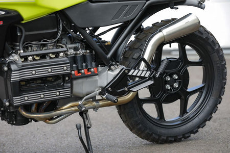Detail view of the engine and rear wheel of the BMW K75 SE Scrambler concept bike