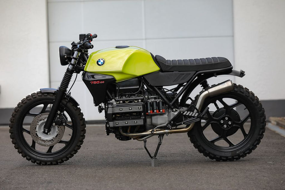 BMW K75 SE Scrambler concept bike in vibrant yellow and black, showcasing a unique custom design.