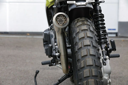 BMW K75 SE Scrambler concept bike rear view showcasing tire and exhaust details.