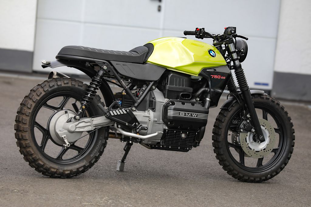 BMW K75 SE Scrambler concept bike in a vibrant yellow and black design, showcasing a unique custom style.