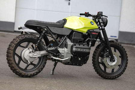 BMW K75 SE Scrambler concept bike in a vibrant yellow and black design, showcasing a unique custom style.