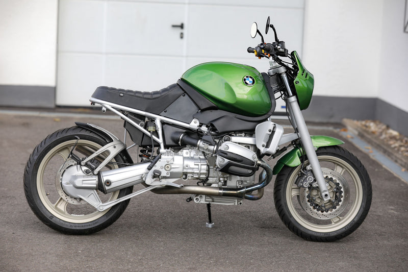 BMW R1100R Telelever motorcycle custom in green with unique design and modifications.