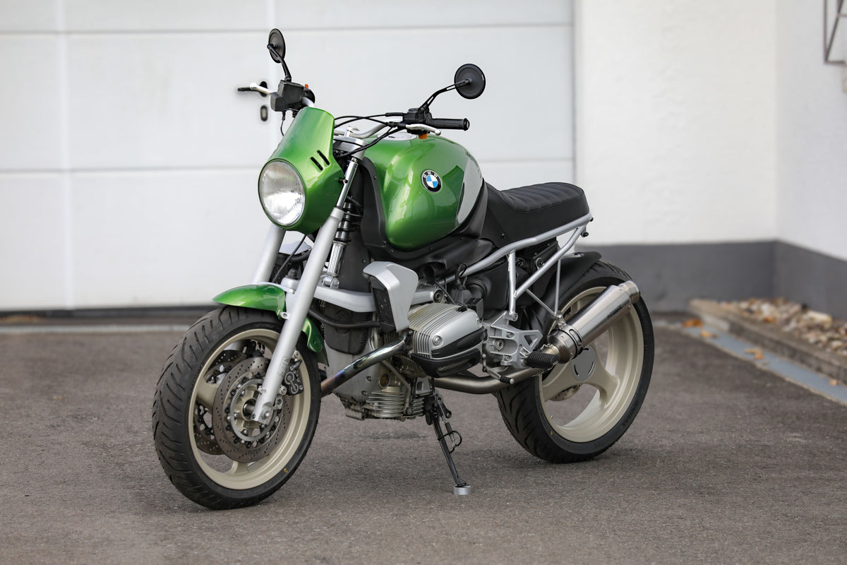 BMW R1100R Telelever motorcycle custom in green, showcasing unique design and craftsmanship.