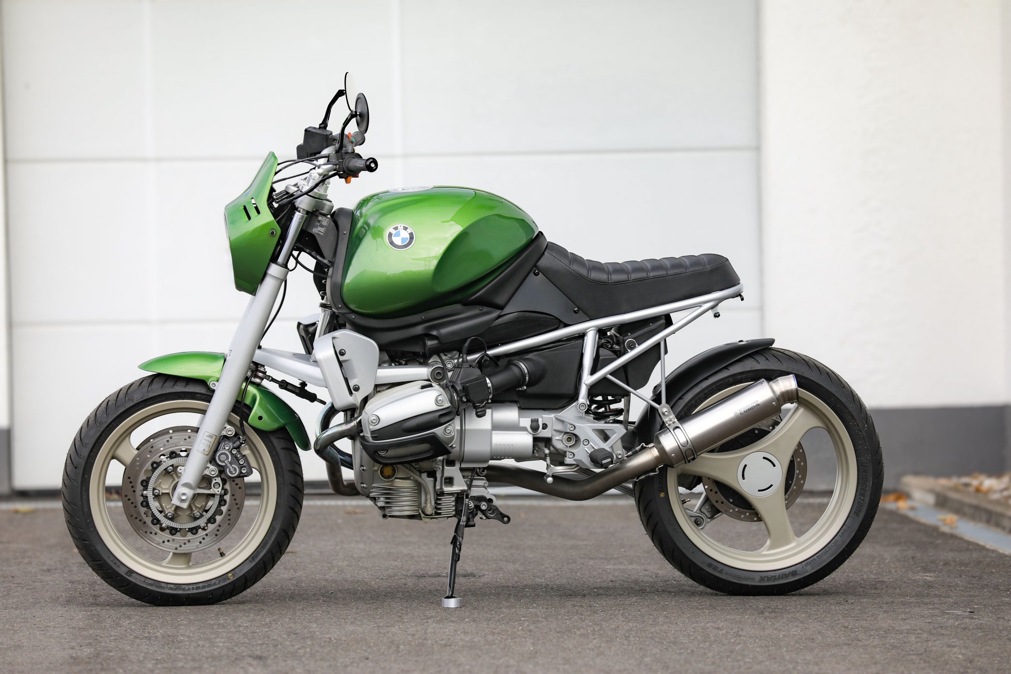 BMW R1100R Telelever motorcycle custom in unique green design and minimalist styling.