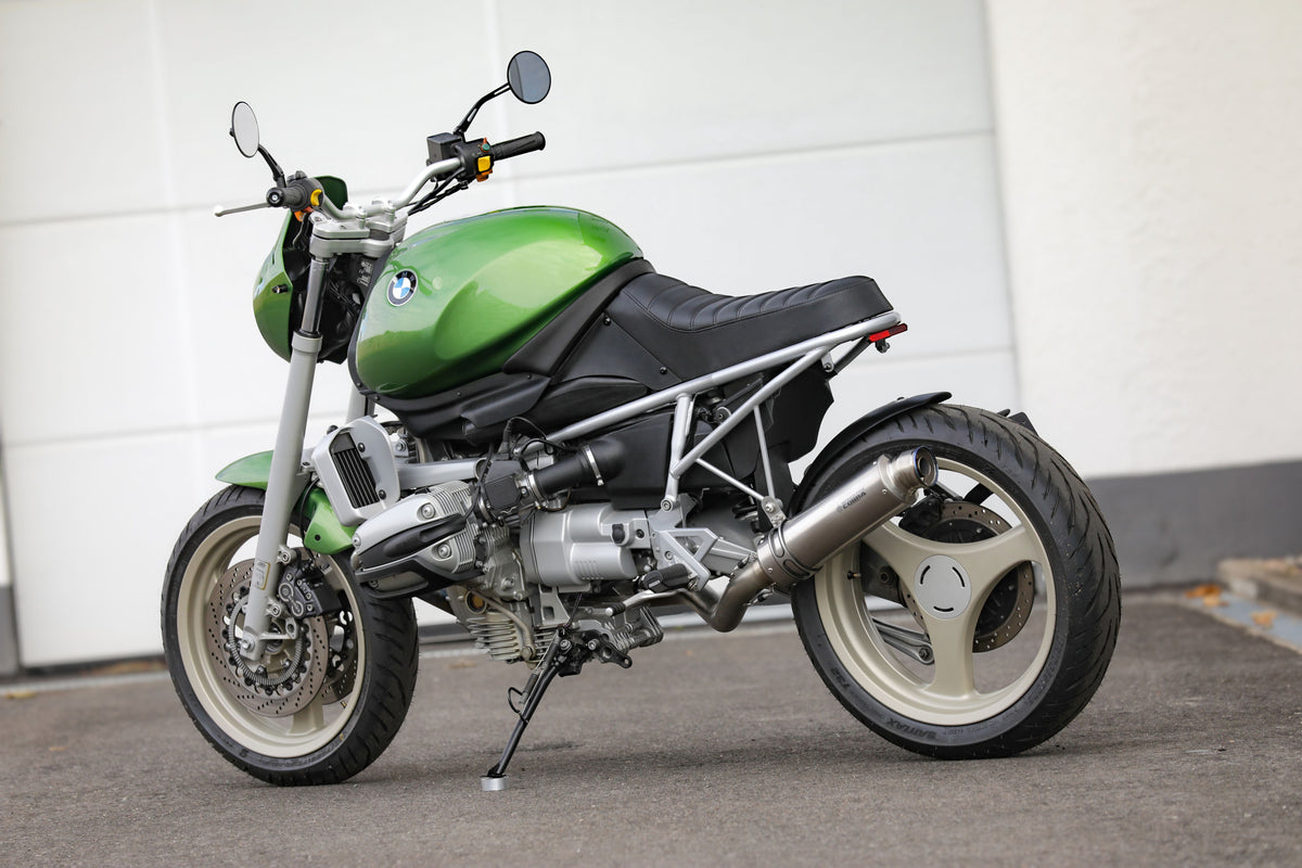 BMW R1100R Telelever motorcycle custom in green with unique design and details.