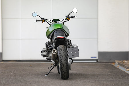 BMW R1100R Telelever motorcycle custom viewed from the rear showcasing its unique design features.