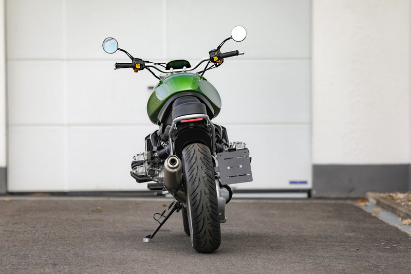 BMW R1100R Telelever motorcycle custom viewed from the rear showcasing its unique design features.